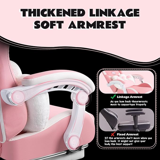 VITESSE Pink Gaming Chair for Girl with Cat Paw Lumbar Cushion and Cat EarsErgonomic Computer Chair for Girl with Footrest and Headrest Comfortable Reclining PC Game Chair for AdultKid (White)