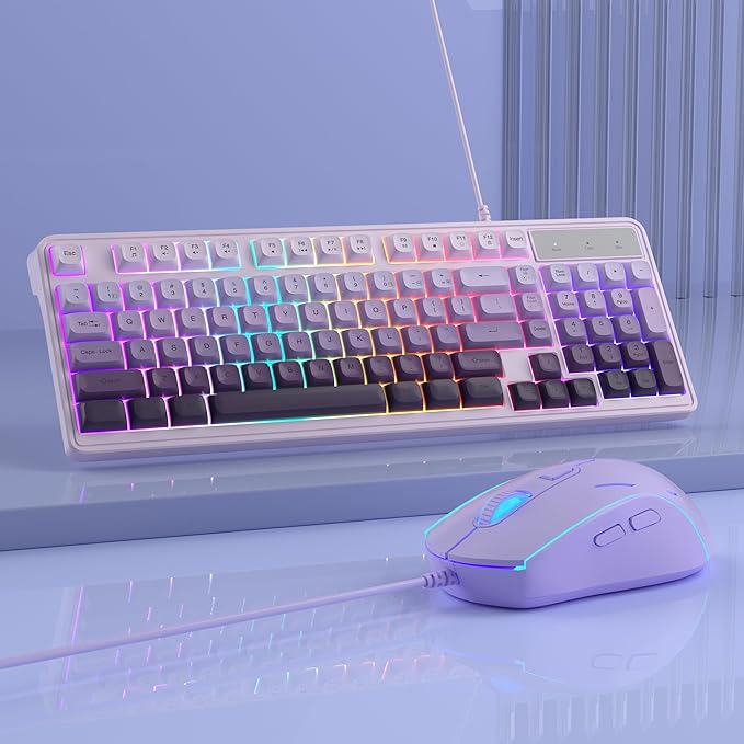 MageGee Gradient Purple Creamy Keyboard and Mouse ComboMageGee GK980 Wired RGB Backlit Keyboard and Gradient Purple Gaming Mouse ComboPC Keyboard and Adjustable Sensitivity Mouse for PC/loptop/MAC