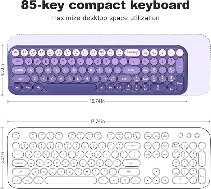 Wireless Keyboard and Mouse Combo MOWUX Compact Typewriter Retro Round Computer Keyboard Cute Optical Mouse Wireless Plug and Play for Laptop PC Computer- Purple Gradient