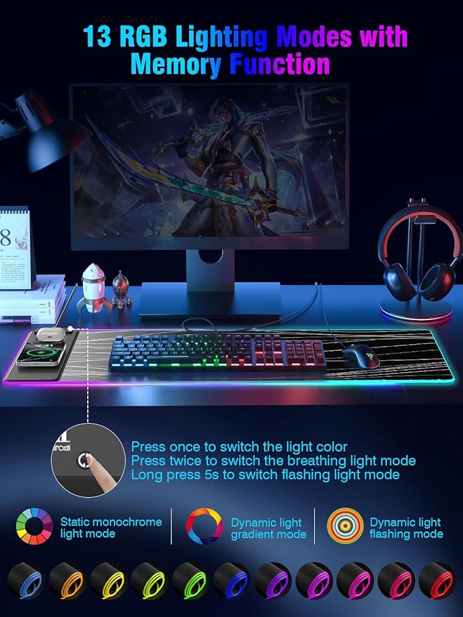 Mouse Pad with Magnetic Wireless Charging Large Desk Pad Protector RGB Black Mousepad Desk Mat with 15W Fast Charger 4mm Thick Non-Slip Waterproof Laptop Writing Pad for Office Home Gaming