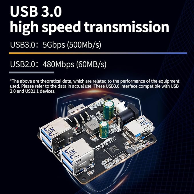 Yahboom 4 Port USB 3.0 Hub for Raspberry Pi Jetson Nano ROS Robot Compatible with USB 3.0/2.0/1.1 Driver-Free Plug&ampPlay Onboard External USB-A5V (Micro-USB)9~24V Power Port for High-Power Dev