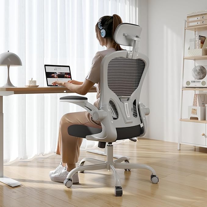 Synorla Office Chair Ergonomic Desk Chair 330LBS Capacity High Back Computer Design for Long Hours Comfort Rolling Swivel for Home Office Flip-up Armrests（Grey Black）