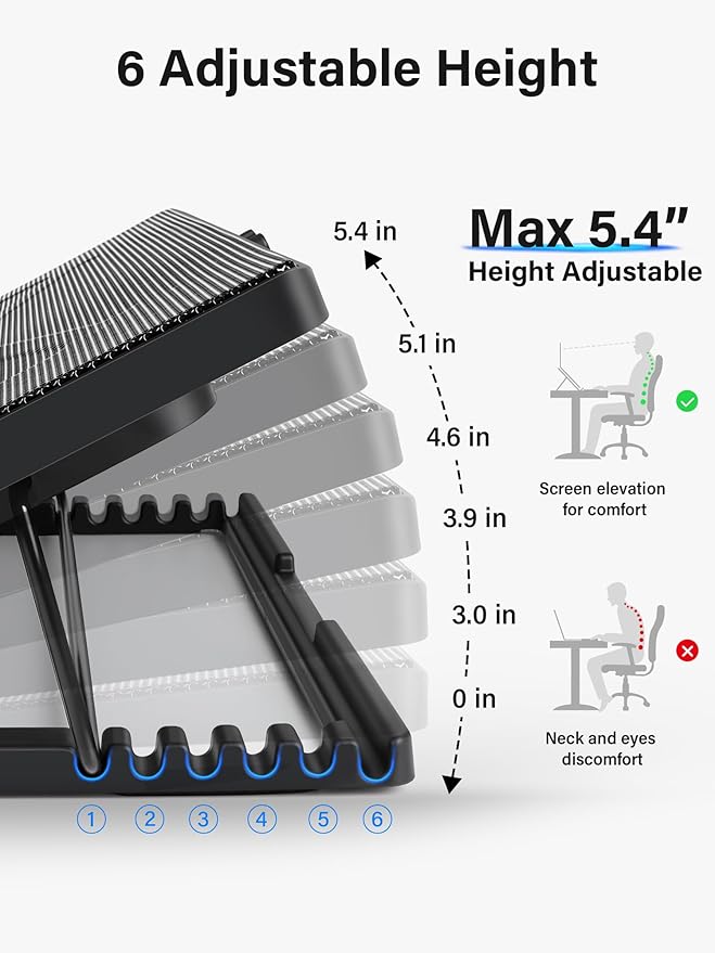 Kootek Laptop Cooling Pad Laptop Cooler with 5 Quiet Fans for 12-17 Computer PC Notebook Gaming Laptop Fan Height Adjustable Laptop Cooling Stand Laptop Accessories Blue