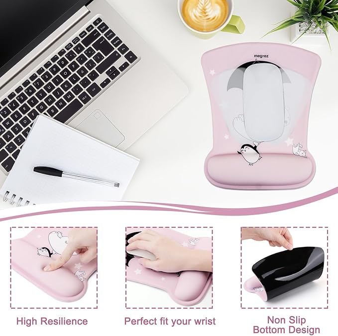 MEGREZ 4-in-1 Ergonomic Memory Foam Wrist Rest Set Desk Pad Mouse Pad with Wrist Rest Keyboard Pad Suitable for Office Workers Programmers &amp Gamers–Relieve Typing &amp Gaming Fatigue Pink
