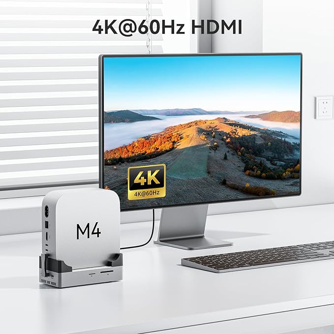 ANYOYO 10Gbps Mac mini M4 Dock and Stand with 8TB NVMe M.2 SSD Enclosure HDMI 4K@60Hz 2× USB-A 3.2（10Gbps） 2× USB-A 2.0 Wi-Fi Signal Friendly Design Aluminum USB-C Hub for Mac mini M4