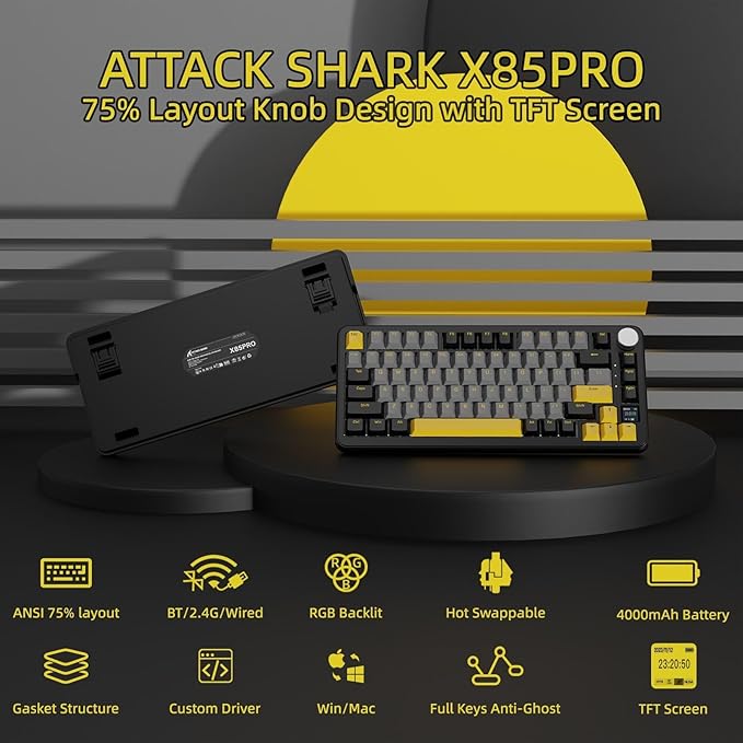 MAGIC-REFINER ATTACK SHARK X85PRO 75% Wireless Mechanical keyboardTFT Smart Display&ampKnobBT/2.4GHz/Wired Custom Gaming KeyboardGasketHot-SwapRGBwith Pro Cable&amp5 Color PBT Keycapsfor PC/M