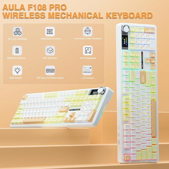 AULA F108 PRO - Wireless Mechanical Keyboard with Screen&ampKnobHot Swappable Gaming Keyboard with 8000mAh BatteryPre-lubed SwitchesRGB BacklitPBT Keycaps Creamy Sounding Computer Keyboards104 K