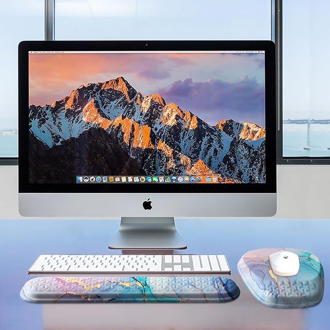 Mouse Pad with Wrist Rest Comfortable Memory Foam Wrist Rest for Computer Keyboard Ergonomic Mouse Pad Set for Easy Typing &amp Pain Relief - Blue Pink