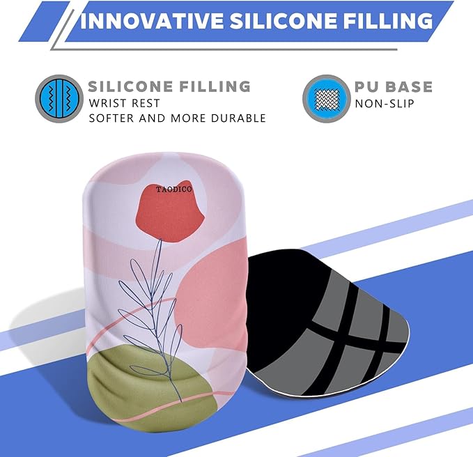 Ergonomic Mouse Pad with Wrist Rest Milk Silk Fabric Durable Silicone Filling Non-Slip Pu Base Massage Design Pain Relief Mousepad for Wireless Mouse and Desk 12x8inch Pink Tulip