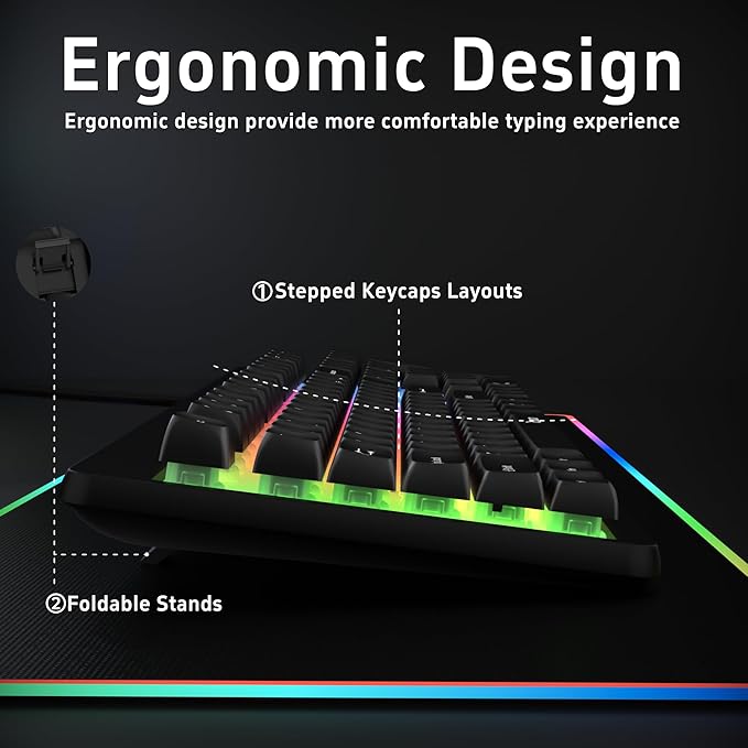 RECCAZR Rainbow LED Backlit Gaming Keyboard104 Full-Size Mechanical Feeling Multimedia PC Gaming Keyboard Anti-GhostingSpill-Resistant for PC and Office Device