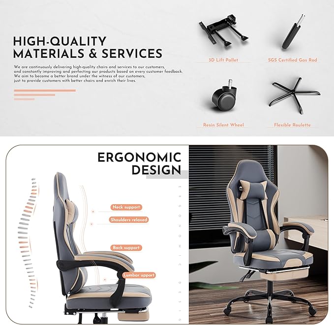 Gamer Chair Ergonomic Computer Chair Gaming Linked Armrests 300lb Capacity Heavy Duty Wide Seat Adjustable Recliner for Professional Players and Adults (Beige+Blue)