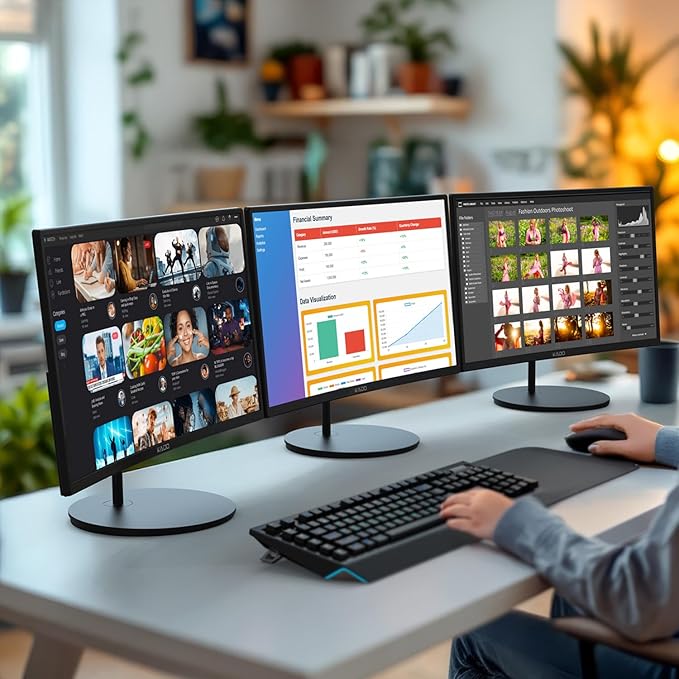 Kado Triple Monitor Setup - 3-Pack 24 1920x1080 Curved Computer Monitor 1500R 75Hz VESA Mount HDMI Office Gaming Hybrid Sim Racing Built-in Speakers (C24 Trio Series)