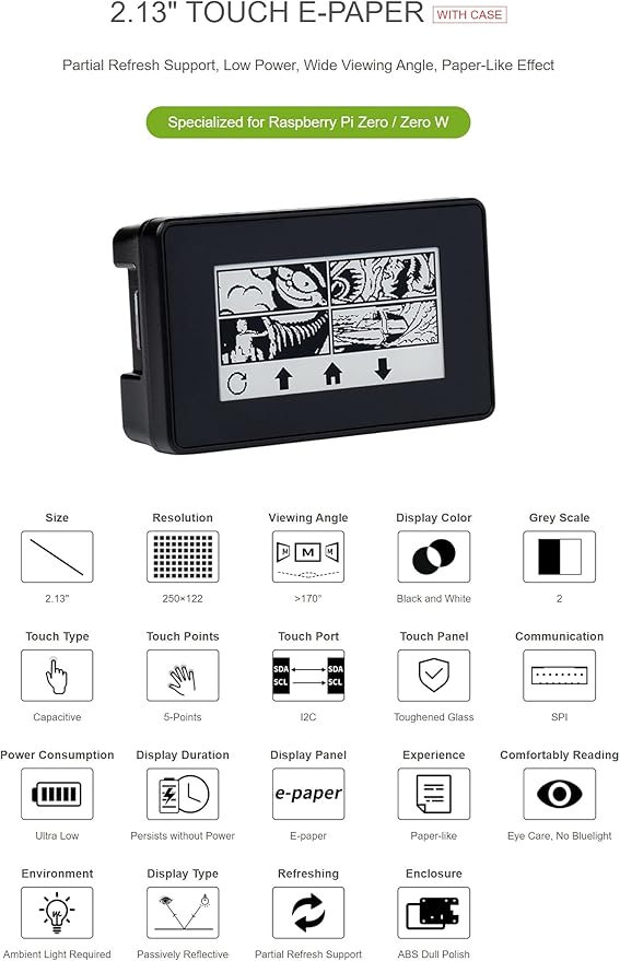2.13inch Touch E-Paper Eink Display Module for Raspberry Pi 4B+ 4B 3B+ 3B 2B+ Zero W WH 2W with ABS Protection Case 5-Point Touch250×122 Pixels