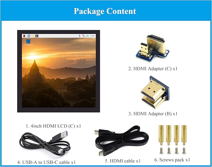 4inch HDMI LCD Square Capacitive Touch Screen Compatible with Raspberry Pi 5/4B/3B+/3B/2B/Zero/Zero W//Zero 2W/Jetson Nano/Windows 11/10/8.1/8/7 720x720 Resolution IPS Display USB-C Port