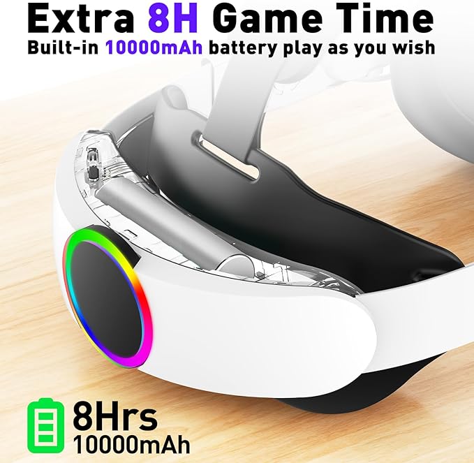 RGB Head Strap for Oculus/Meta Quest 2 Head Strap with Battery 10000mAh Pack for Extended 8 Hrs of Playtime Fast Charging VR Power Adjustable Elite Strap Enhanced Support and Balance in VR