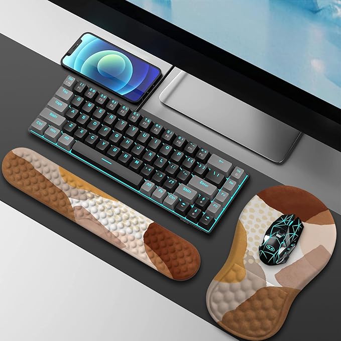 HAOCOO Ergonomic Mouse Pad with Wrist Support and Keyboard Pad Set 3 PCS Computer Carpal Tunnel Mouse Pads for Desk with Coaster Memory Foam Mousepad for Home Office Brown Boho