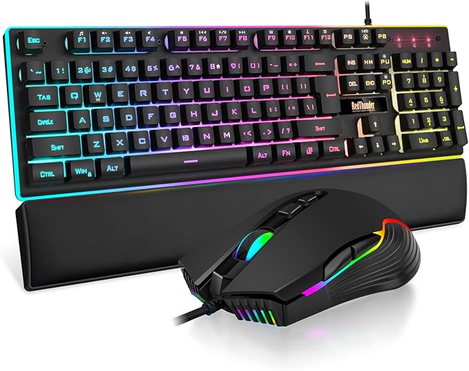 RedThunder K10 Wired Gaming Keyboard and Mouse and Wrist Rest Combo RGB Backlit Mechanical Feel Anti-ghosting Keyboard + 7D 7200 DPI Mice+Soft Leather Wrist Rest 3 in 1 PC Gamer Accessories(Black)