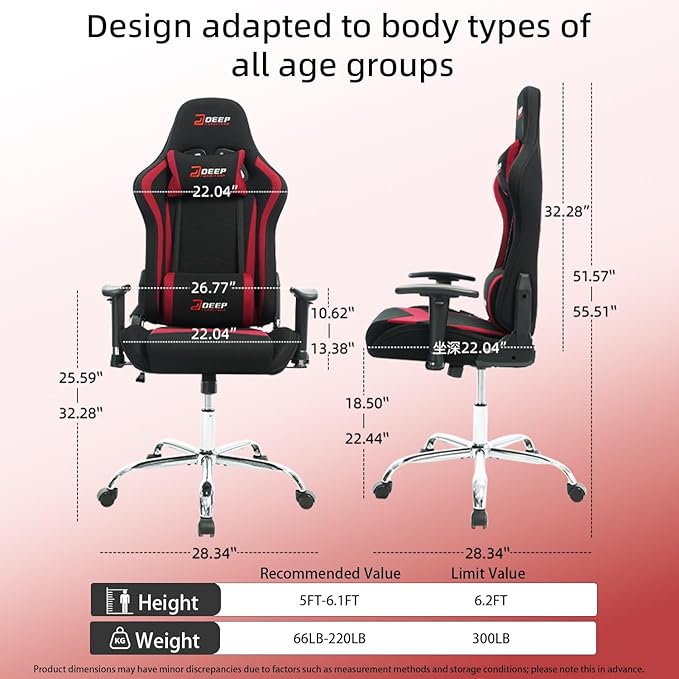 Gaming Chair High-Back Ergonomic Computer Chair Adult Lumbar Support Breathable Fabric Office Chair 3D Independent Armrests.(1005-Red)