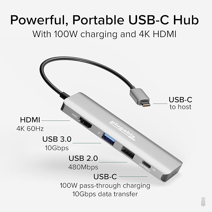 Plugable USB C Hub Multiport Adapter 4 in 1 100W Pass Through Charging USB C to HDMI 4K 60Hz Multi USB Port Hub for Windows Mac Ipad Pro Chromebook Thunderbolt (USBC-4IN1)