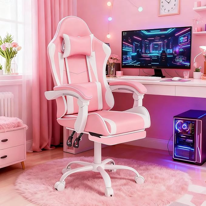 Gaming Chair with Headrest and Lumbar Support Ergonomic High Back Office Chair Racing Style Executive Computer Desk Chair Leather Adjustable Swivel Task Chair for Home Office (Pink White)