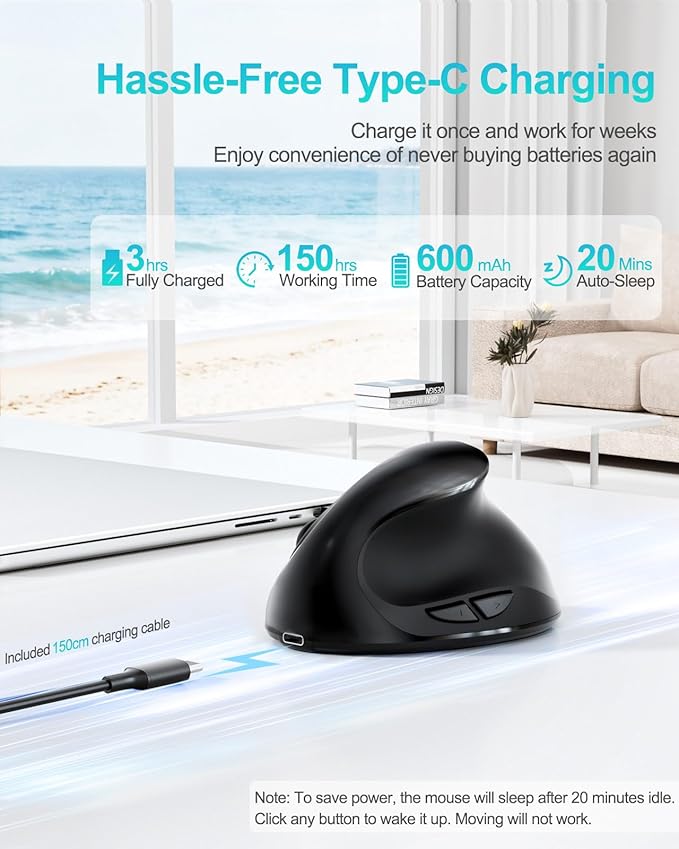 Lekvey Ergonomic Mouse Vertical Wireless Mouse for Small/Medium Hands Rechargeable with USB Receiver 3 DPI for Comfort Relieves Wrist Pain Carpal Tunnel Mouse for Laptop PC Computer Mac Black