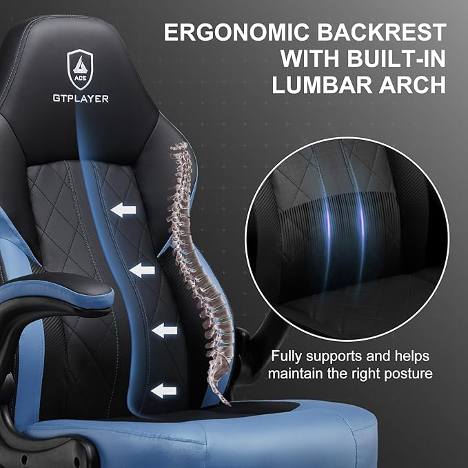 GTPLAYER Video Gaming Chair Ergonomic Computer Gaming Chair with Flip-Up Armrests and Adjustable Height Comfortable Desk Chairs with Built-in Lumbar Support Recliner with 360°Swivel (Blue)