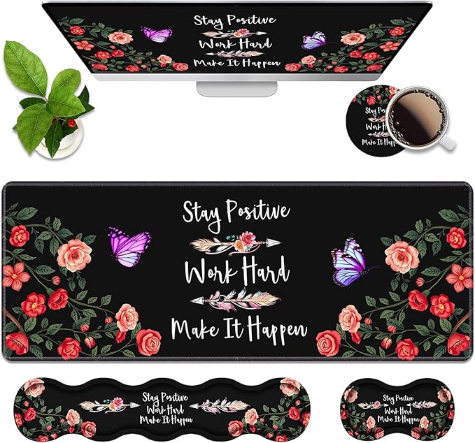 Ergonomic Memory Foam Mouse Pad Wrist Rest SetStay Positive Work Hard and Make It Happen Inspirational Quote Large Desk Pad + Keyboard Wrist Rest + Mouse Wrist Cushion + Coaster for Home Office Study