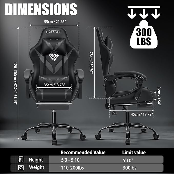 Gaming Chair with Massage Ergonomic Computer Chair with Footrest Reclining Video Game Chair for Boys with Adjustable Armrest Black