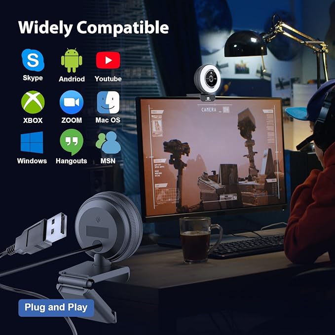 Zoomable Webcam with Remote Control 1080P 60FPS Streaming Webcam with Adjustable Ring Light and Tripod Pro USB 5X Digital Zoom Webcam for Zoom/Skype Teams/Laptop/Mac Windows