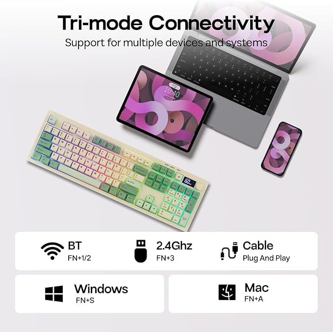 EPOMAKER Aula S102 PRO Membrane Gaming Keyboard with TFT Screen Volume Knob &amp Number Pad BT/2.4G/USB RGB Backlit Creamy Silicone Structure Silent Keyboard for PC Game/Office (Yellow)