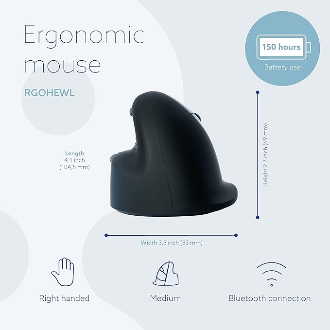 R-Go HE Ergonomic Mouse Bluetooth 5.0 Silent Click Vertical design With Break Software Prevents Tennis Elbow/RSI Arm Rechargeable For Windows/Mac 5 Buttons Black