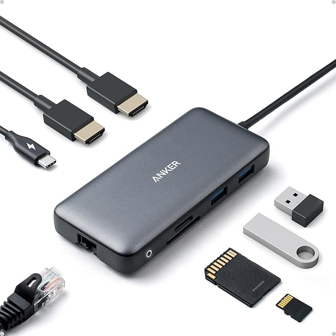Anker Laptop Docking Station Dual Monitor 8-in-1 USB C Hub 4K Dual Monitor with 2 HDMI 1 Gbps Ethernet Hub 85W Power Delivery SD Card Reader for XPS and More (Charger not Included)