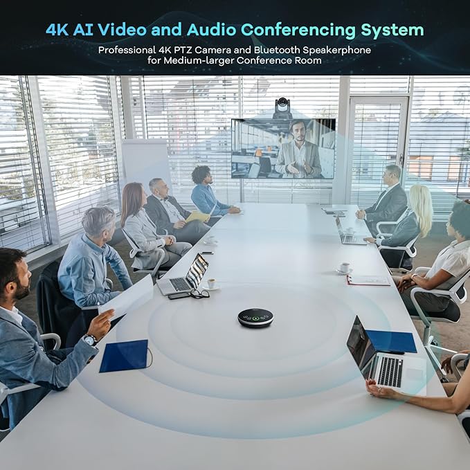 TONGVEO 4K AI Auto Tracking PTZ Conference Camera System with Bluetooth Speakerphone &amp Microphone 20X Optical Zoom USB3.0 HDMI LAN PoE Power Camera for Church Worship Meetings Streaming