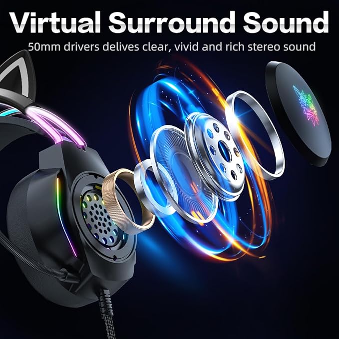 Gaming Headset with Microphone Cat Ear Headphones for PC Laptop PS4 PS5 Xbox Switch Rainbow RGB Lighting &amp Virtual Surround Sound 3.5mm Wired Over Ear Headphones Ergonomic