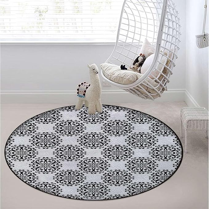 Grey White Gaming Chair Mat Office Chair Mat for Carpeted Round Area Rug Swivel Chair Mats for Hardwood Floor Tree with Leaves Inside Circles Monochrome Diameter 35.4 in