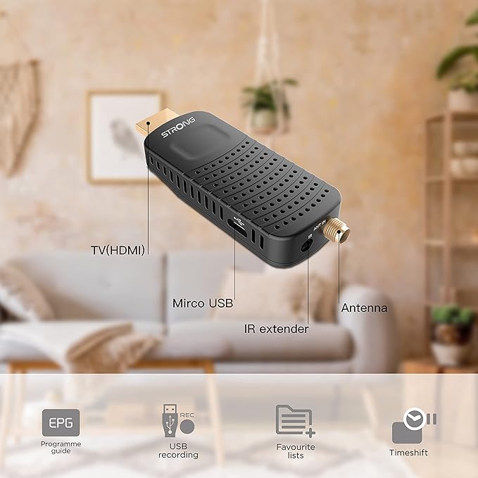 STRONG SRT82 Full HD DVB-T2 HDMI Stick DVB-T2 Decoder - HEVC265 Compatible - TV Receiver/Tuner with Recorder Function (HDMI SCART USB Dolby Digital Plus) - Black