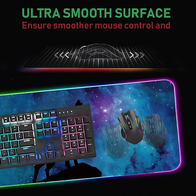 RGB Gaming Mouse Pad and Coffee Coaster XXL Large Glowing LED Mousepad Anti-Slip Rubber Base Computer Keyboard Desk Mouse Mat 31.5 X 11.8 Inch - Blue Galaxy Nebula Wolf