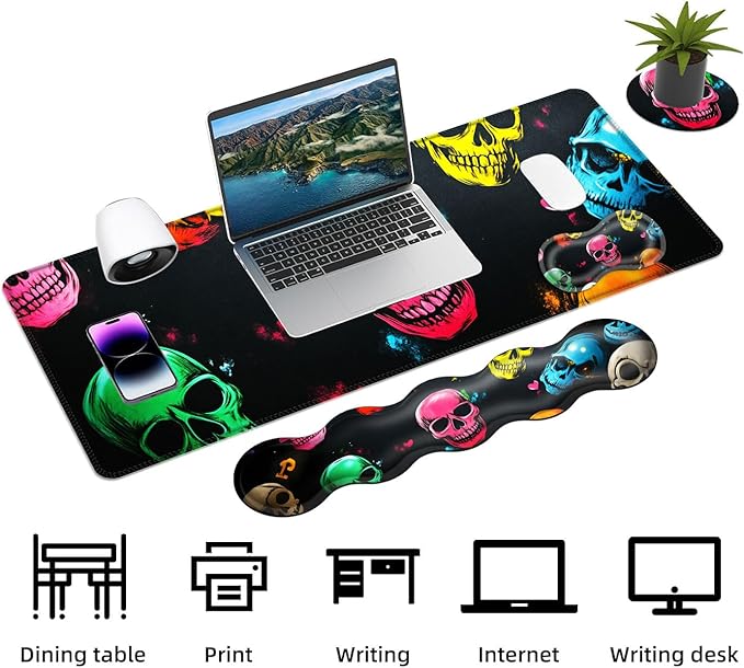 Keyboard Mouse Pad Set Extended Gaming Mouse Pad+Ergonomics Keyboard Wrist Rest Support Memory Foam Easy Typing Pain Relief 4Pcs XL Ultra Thick Desk MatColorful Skulls and Hearts