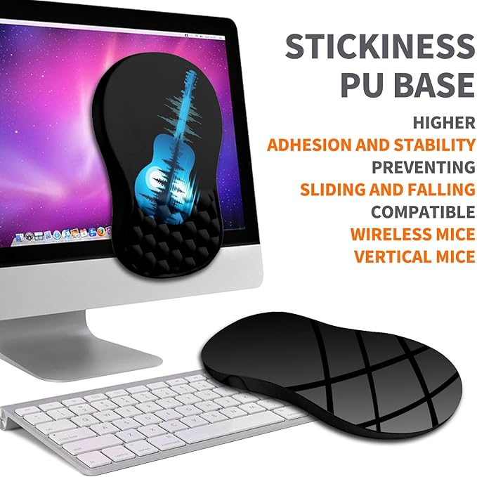 Ergonomic Joint Wrist Support Mouse Pad with Memory Foam Cushion Massage Bump Carpal Tunnel Pain Relief Mousepad Slope Design for Wrist Rest 11.8x7.9 in Guitar