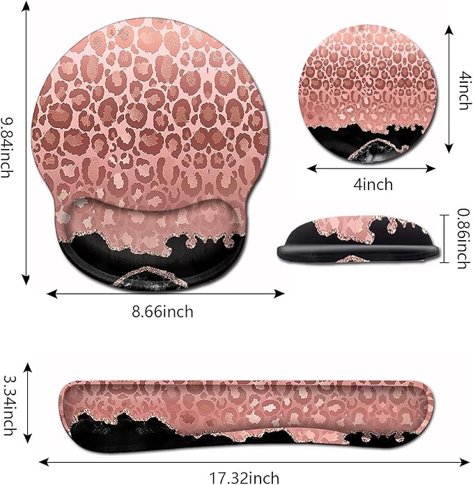 Ladies Desktop Mouse Pad with Wristband Soft Memory Foam Keyboard Wrist Rest Ergonomic Mouse Pad Coaster Keyboard Mousepad SetFashion Rose Gold Leopard Pattern and Black Marble Design