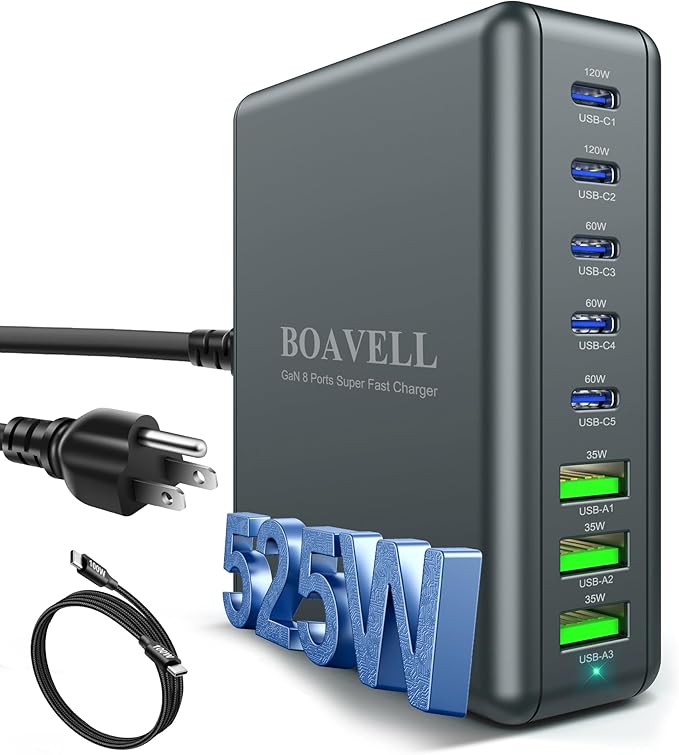 USB C Charger Block 525W 8-Port GaN Fast Charging Station Hub with 100W Cable Dual PD 100W Multi-Device USB C Wall Charger Adapter for iPhone 17 16 15 MacBook Laptop iPad Samsung Galaxy and More