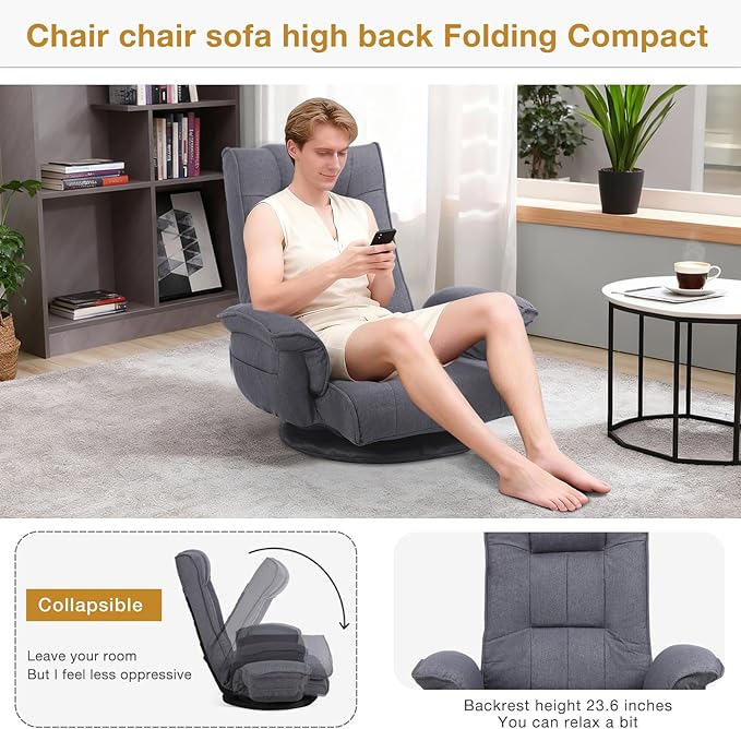 Ergonomic Swivel Floor Gaming Chair with Armrests &amp Side Pockets 6-Position Reclining Sofa Bed Foldable Padded Lounger with Thick Cushion &amp Lumbar Support for Esports Reading TV Watching (