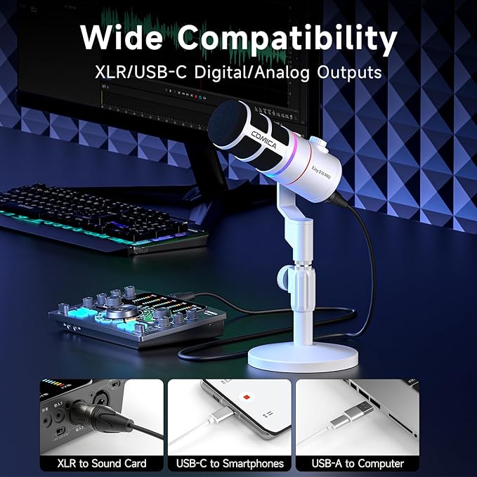 EJoy D10 PRO(D) Wireless USB Gaming Microphone – RGB Dynamic Mic with Wired/Wireless Modes XLR/USB-C Real-Time Monitoring 45H Battery Studio Mic for Gaming Streaming Podcast Recording (White)