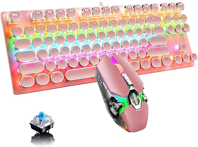Mechanical Gaming Keyboard and Mouse Combo 87 Key Retro Punk Typewriter-StyleBlue Switch RGB Rainbow Backlit KeyboardCool Breathing Light Lightweight Gaming Mouse for Game and OfficePink