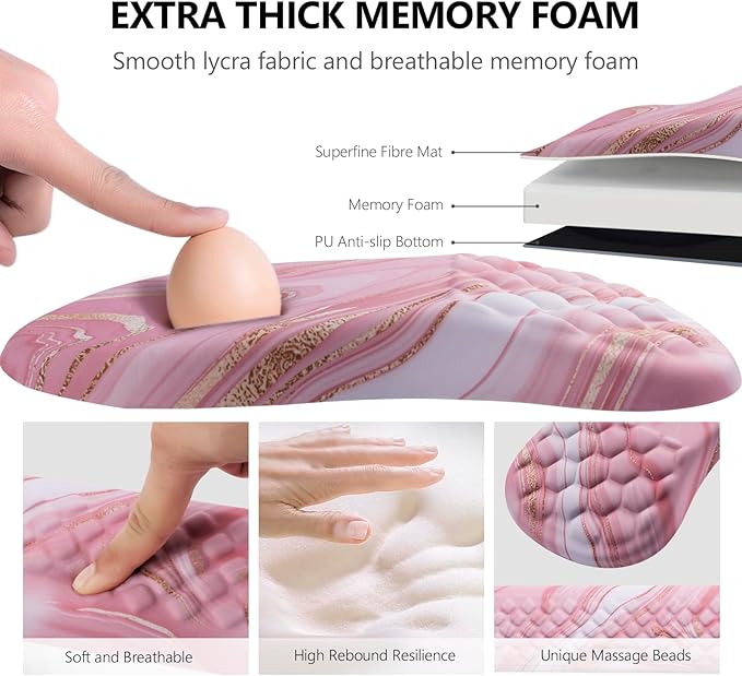 Mouse Pad Wrist Support Laokiiy 2 in1 Keyboard Wrist Rest+ Ergonomic Mouse Pad Non-Slip Wrist Rest for Computer Keyboard Made Easy Typing &amp Relieve Wrist Pain(Rose Gold Pink Marble)
