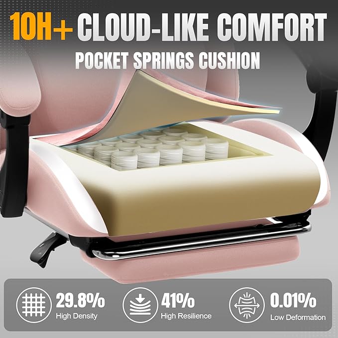 GTPLAYER Gaming Chair with Foot Rest &amp Pocket Spring Cushion Ergonomic High Back Computer Desk Chair with Headrest &amp Lumbar Support for Back Pain Relief Breathable Fabric Pink