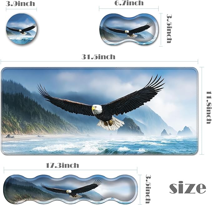 Ergonomic Keyboard Wrist Rest &amp Mouse Pad Wrist Rest SetXL Gaming Desk Mat 31.5x 11.8Non-Slip BaseMemory FoamEasy Typing Pain Relief for Office &amp HomeBald Eagle Flying Over Sea