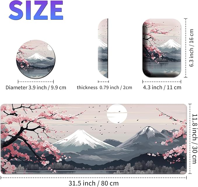 Large Mouse Pad Set Desk Mat + Elbow Rest Pad + Coaster Easy Typing Pain Relief Ergonomic Arm Rest Pad with Memory Foam Extended Desk Pad Anti-Slip Rubber Base for Home Cherry Blossom Mount Fuji