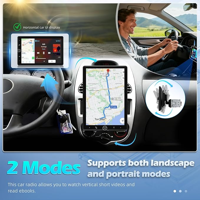 Vertical Single Din Car Stereo 10.4 Inch Rotatable Touch Screen Radio with Wireless Carplay &amp Android Auto Support Backup Cam/GPS/Bluetooth/FM/RDS/Mirror Link/SWC/EQ