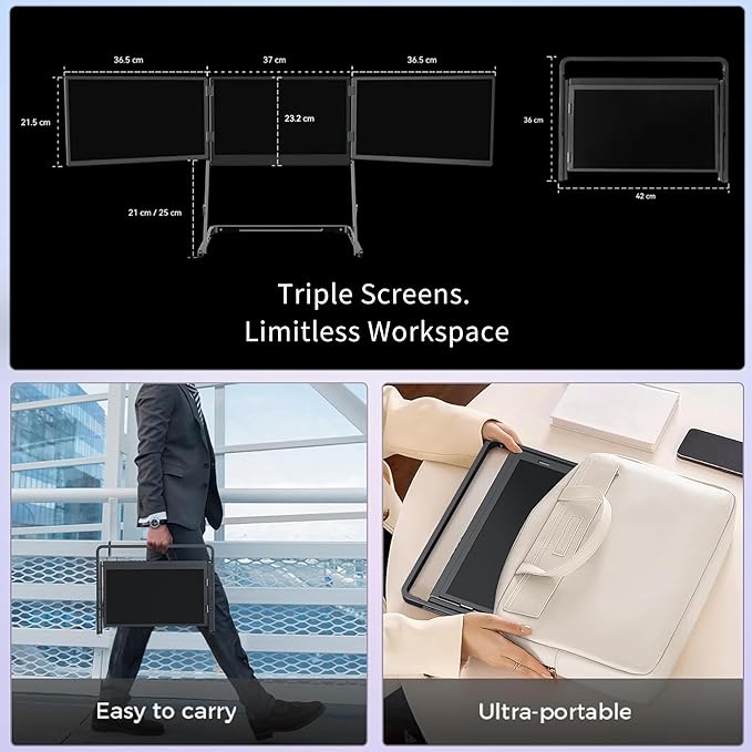 15.6 Laptop Screen Extender Monitor Portable Quad Monitor Just 1 Cable for 3 Screens FHD 1080P IPS Laptop Extender Compatible with Wins/Mac for 13.6 - 17.3 Laptops (Triple screen Grey 15.6)